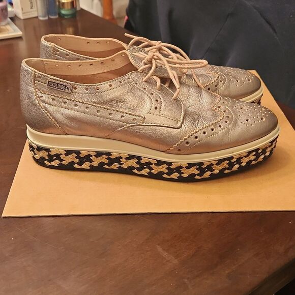 Pikolinos Women's Gold Lace-Up Shoes w/ Woven Rattan Soles Base Size 37 US 7 - Picture 1 of 10